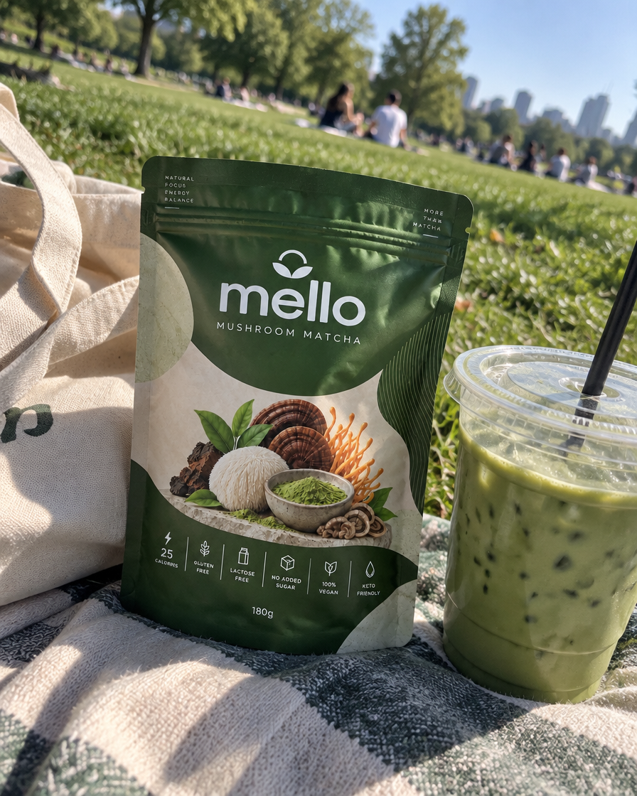 Mello Mushroom Matcha pouch on a picnic blanket in a park beside an iced matcha in a takeaway cup