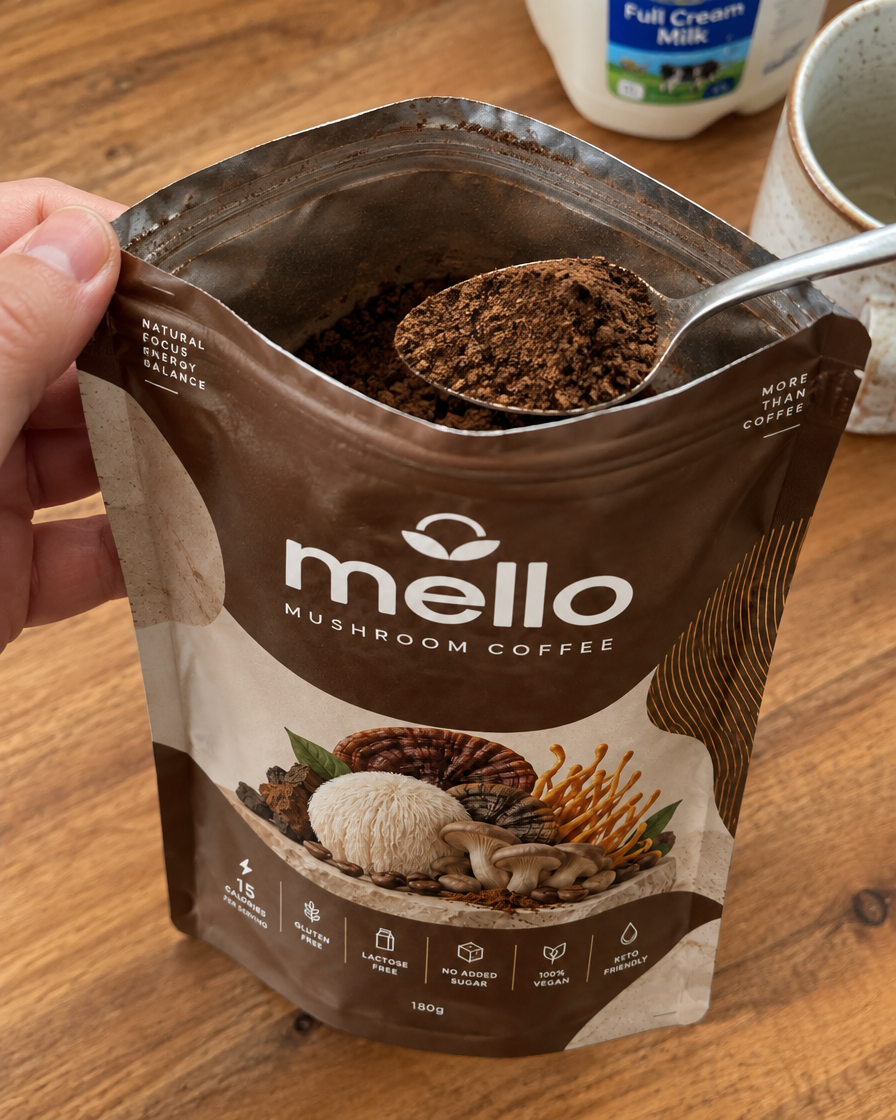 A scoop of Mello Mushroom Coffee being taken from an open pouch on a kitchen bench
