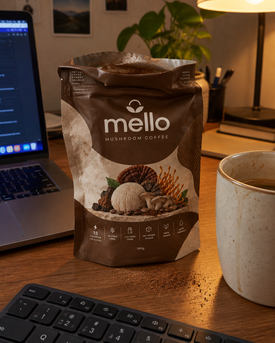 Mello Mushroom Coffee pouch on a desk beside a laptop and a ceramic mug