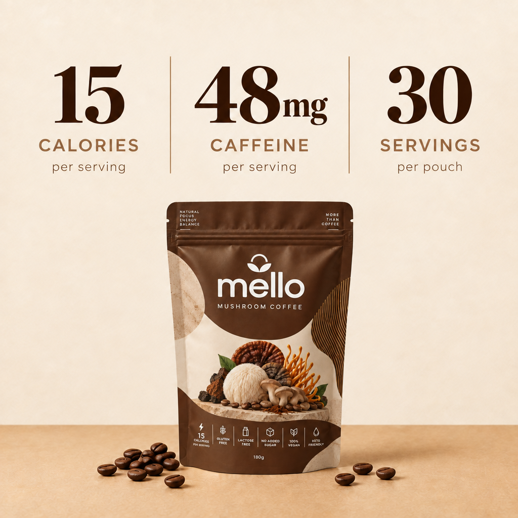 Mello Mushroom Coffee pouch with the figures 15 calories, 48mg caffeine and 30 servings printed above it