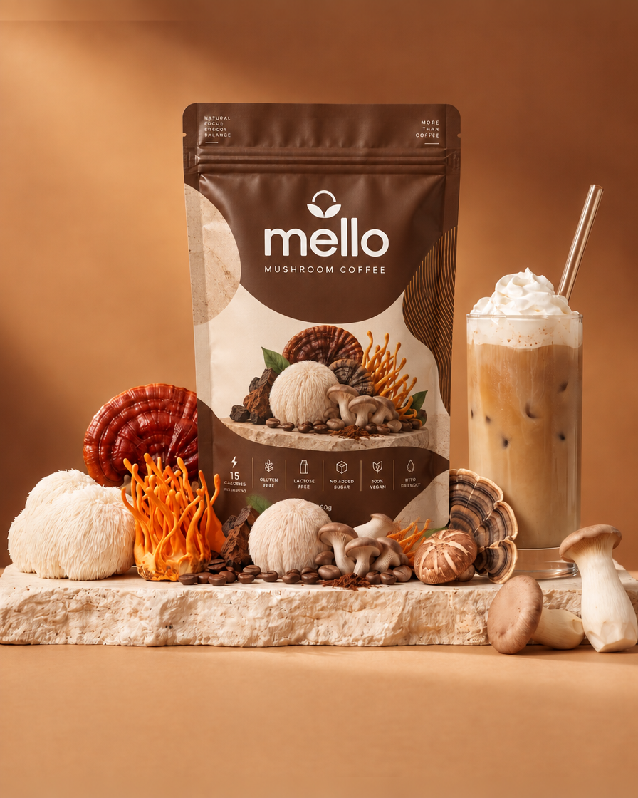 Mello Mushroom Coffee pouch on a stone ledge with whole dried mushrooms and an iced latte beside it