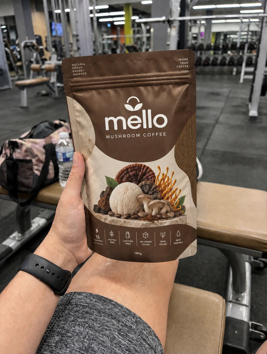 Mello Mushroom Coffee pouch held on a bench in a gym before a training session