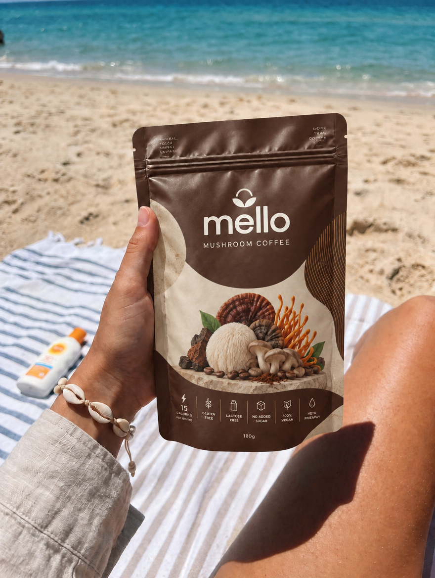 Mello Mushroom Coffee pouch held on a striped towel at the beach