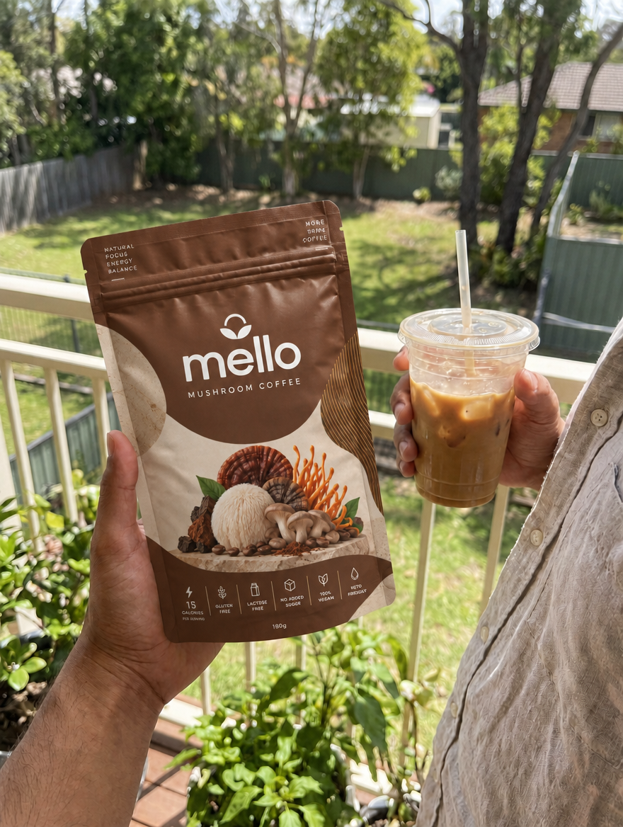 Mello Mushroom Coffee pouch and an iced mushroom latte held up in a sunny backyard