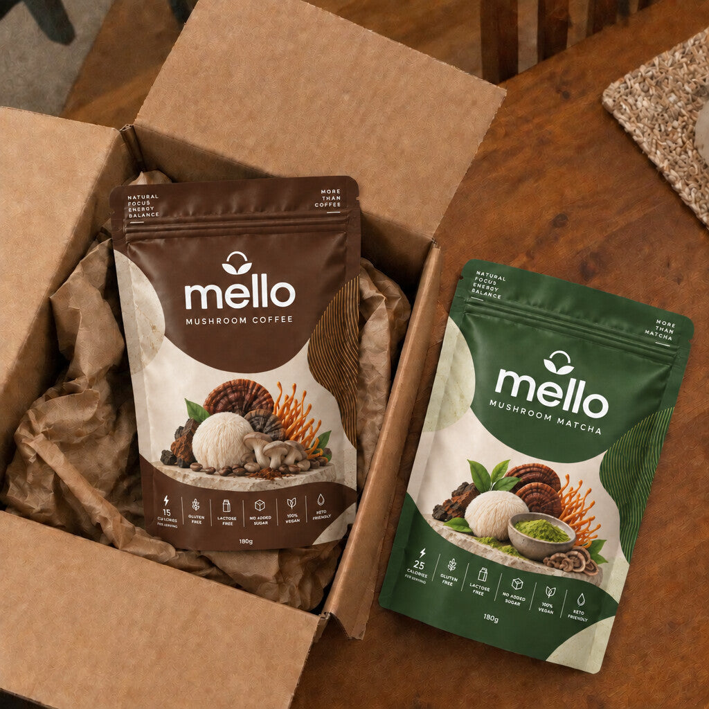 Mello Mushroom Coffee and Mushroom Matcha pouches unboxed