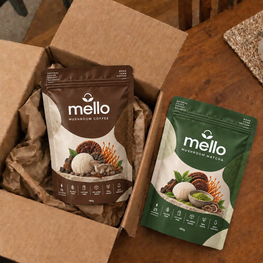 Mello Mushroom Coffee and Mushroom Matcha pouches unboxed
