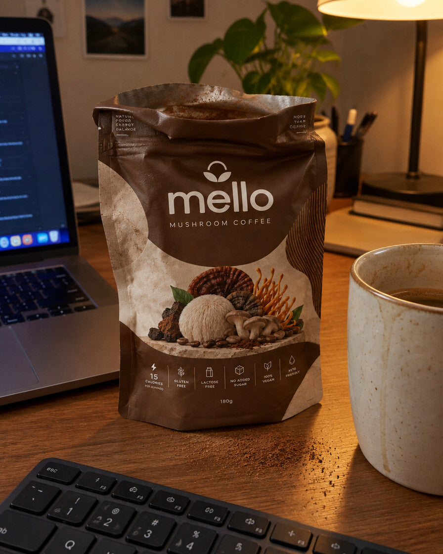 Mello Mushroom Coffee pouch on a desk with an iced mushroom latte
