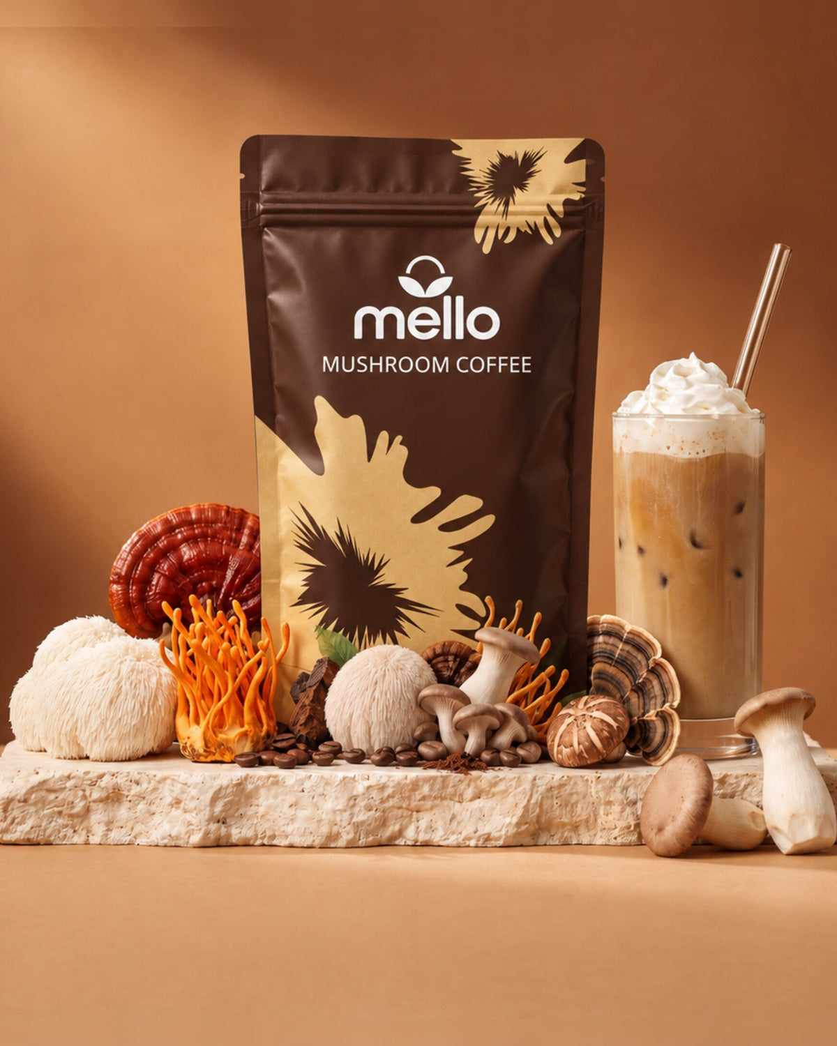 Mello Mushroom Coffee pouch with lion's mane, reishi, cordyceps and an iced mushroom latte