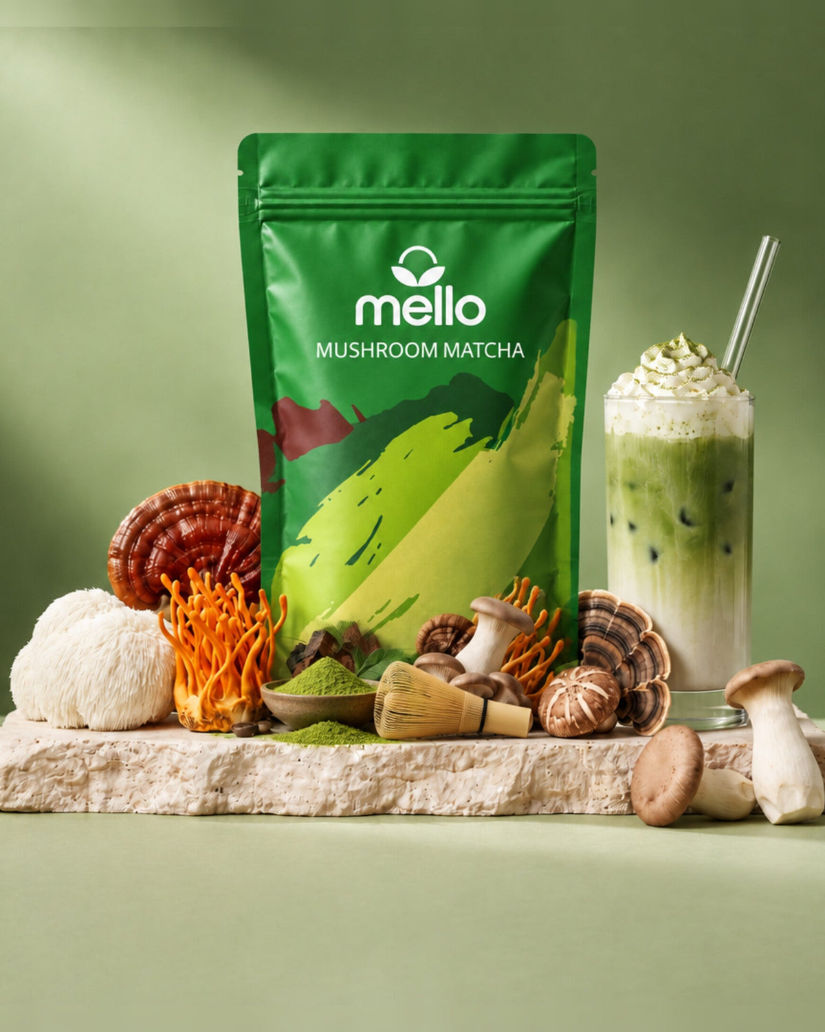Mello Mushroom Matcha pouch with lion's mane, reishi, cordyceps, matcha powder, a whisk and an iced matcha latte