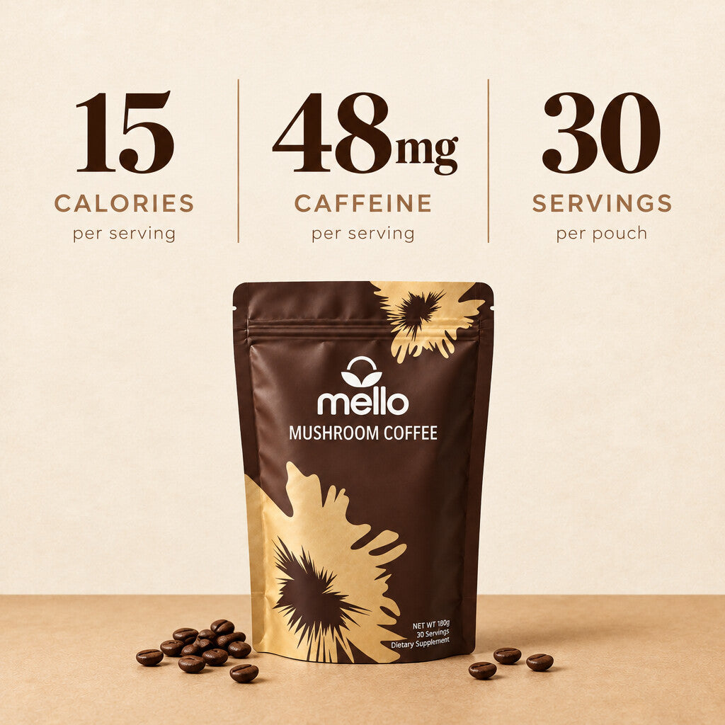 Mello Mushroom Coffee: 15 calories per serving, 48mg caffeine per serving, 30 servings per pouch
