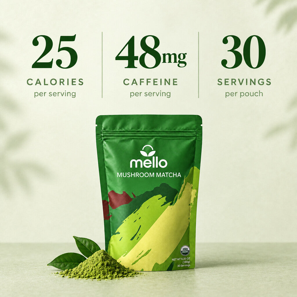 Mello Mushroom Matcha: 25 calories per serving, 48mg caffeine per serving, 30 servings per pouch