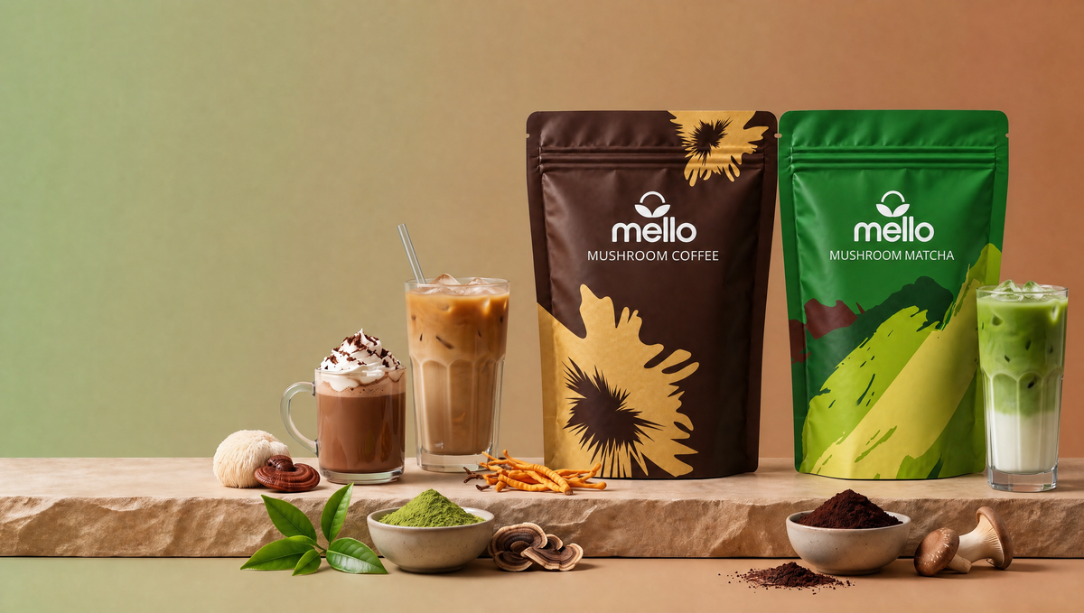 Mello Mushroom Coffee and Mushroom Matcha pouches with an iced latte and an iced matcha on a caramel to green gradient