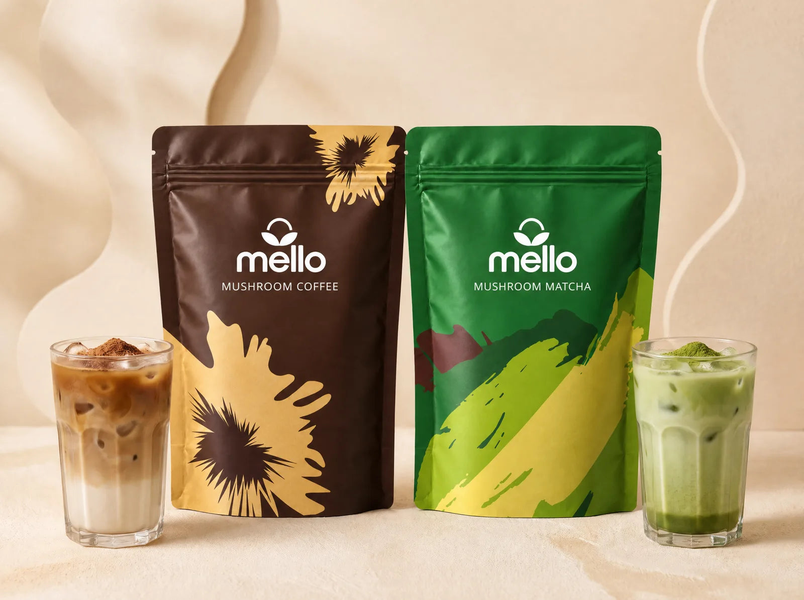 Mello Mushroom Coffee and Mushroom Matcha pouches with an iced latte and an iced matcha