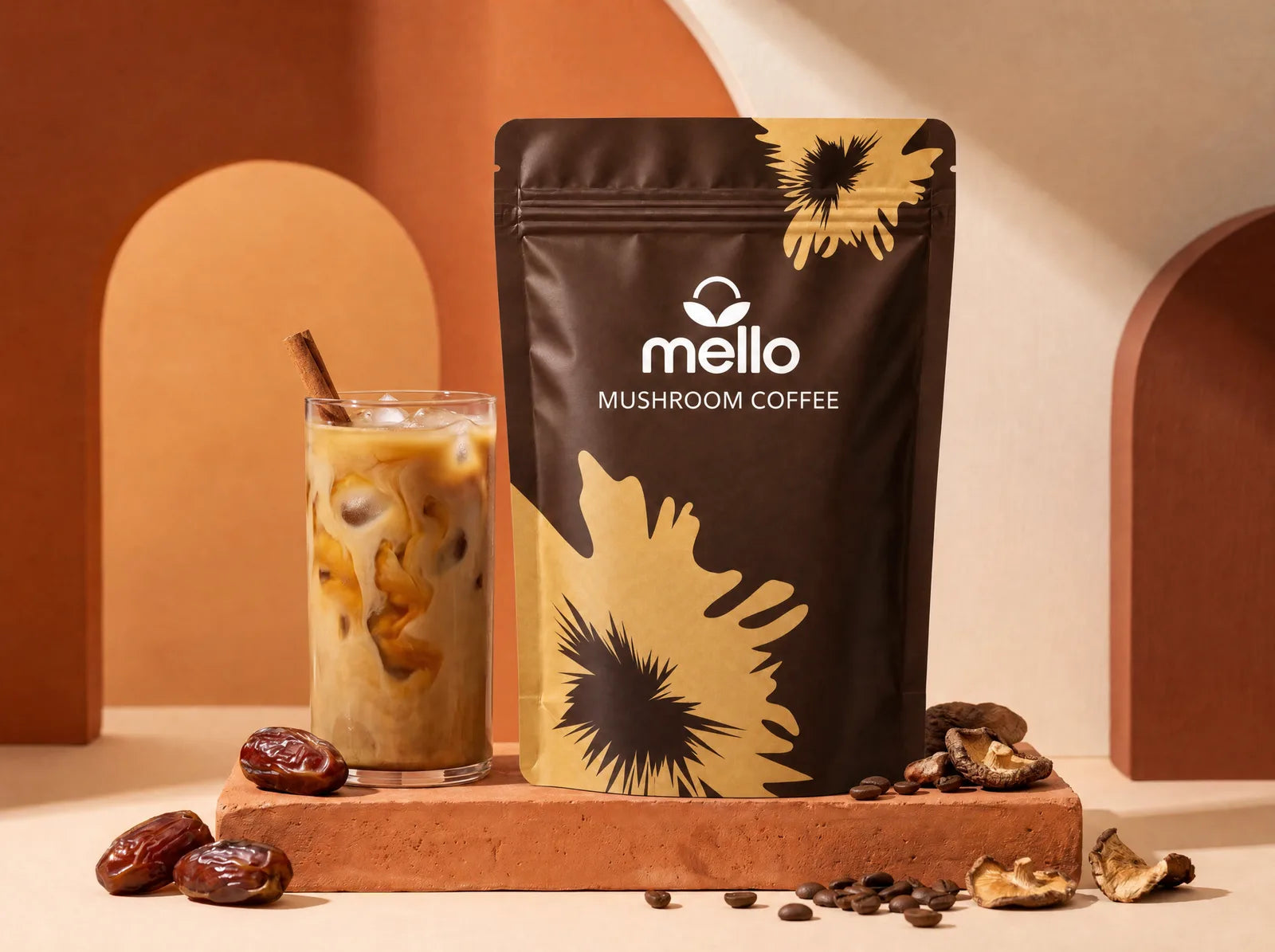 Mello Mushroom Coffee pouch styled with coffee beans and functional mushrooms