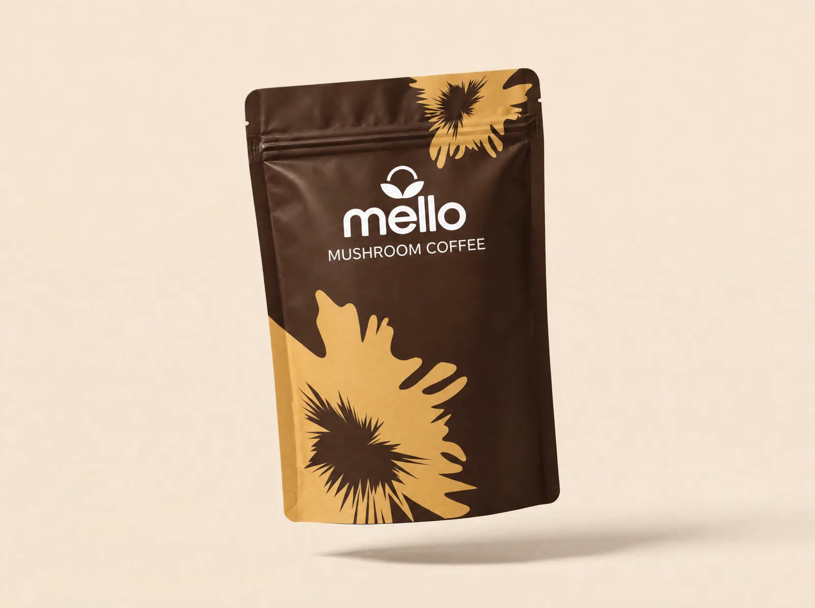 Mello Mushroom Coffee pouch floating above coffee beans and functional mushrooms