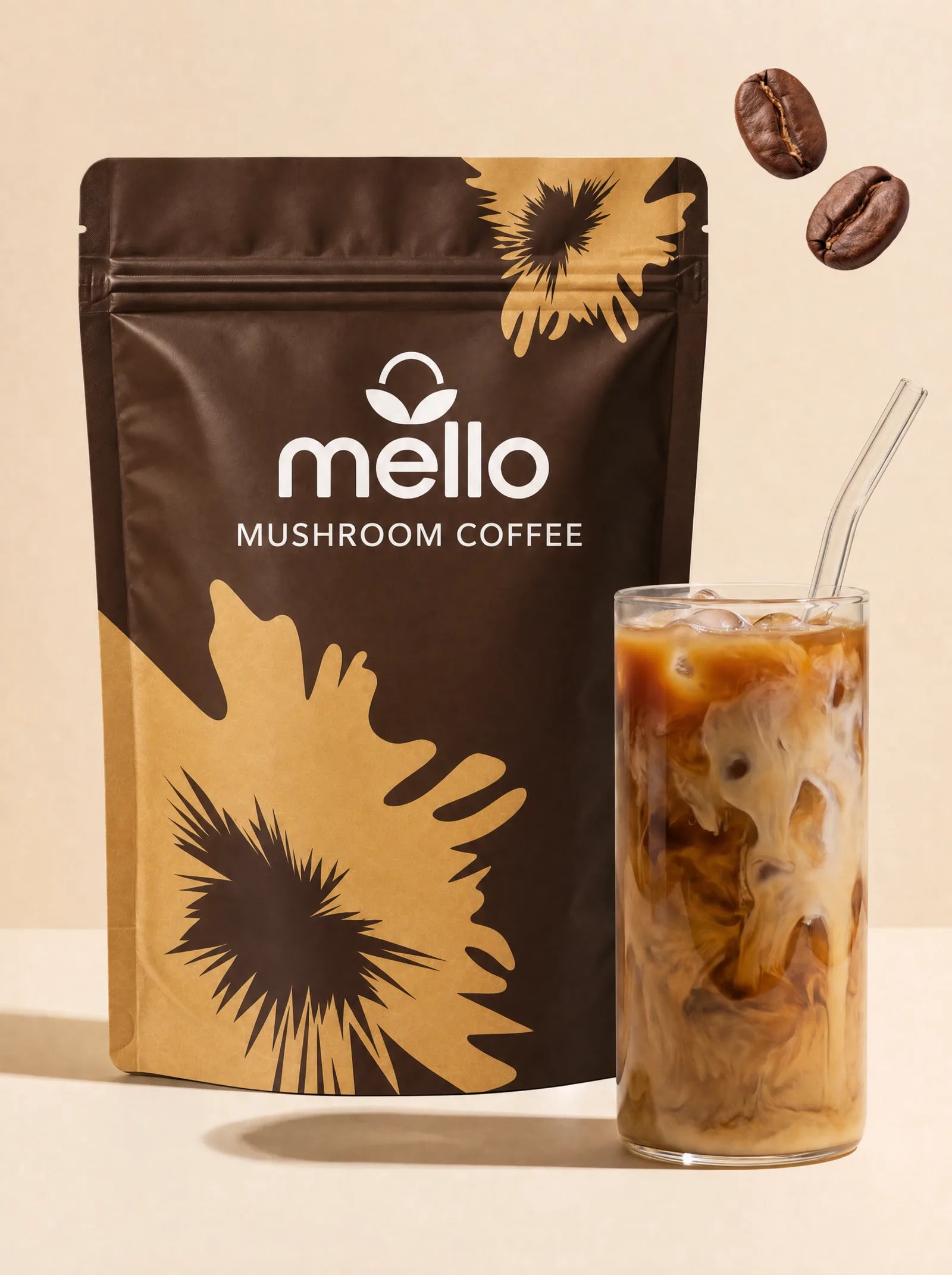 Mello Mushroom Coffee pouch beside an iced mushroom latte