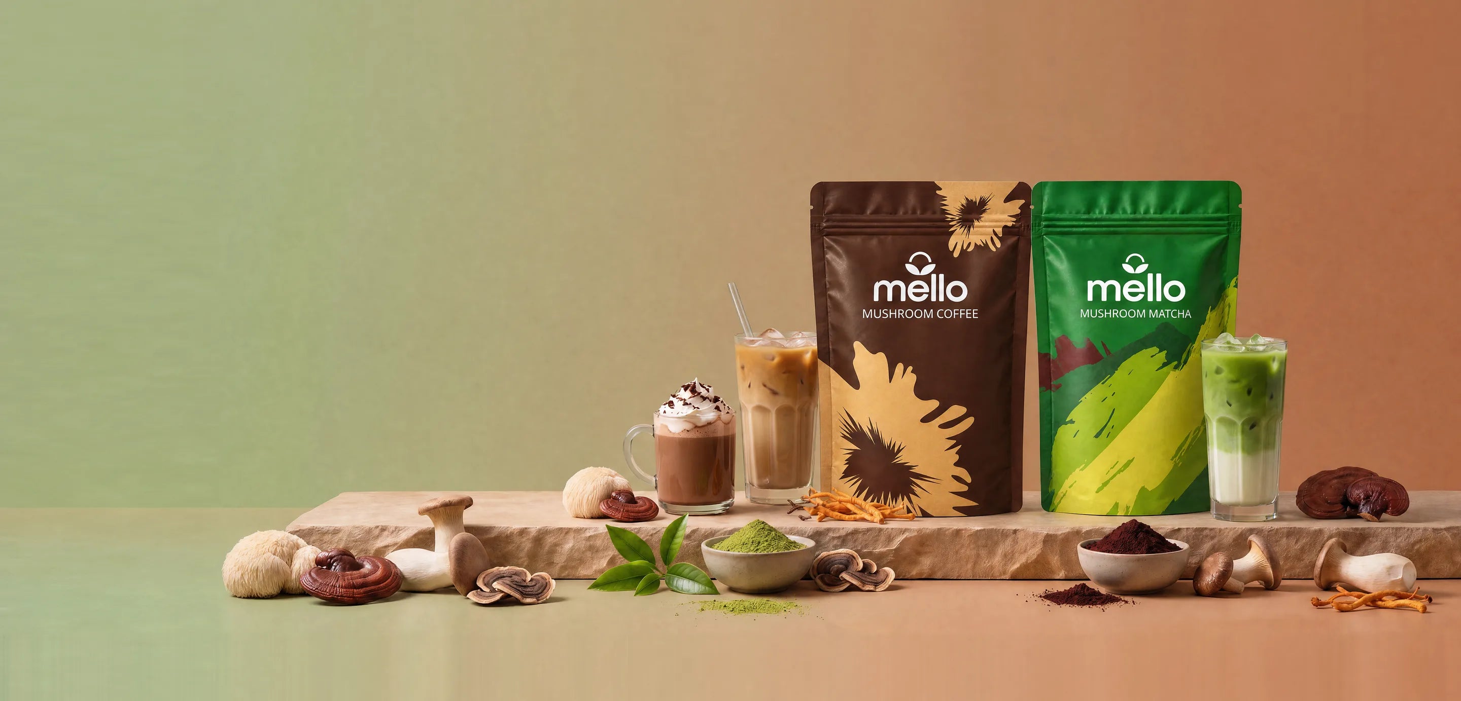 Mello Mushroom Coffee and Mushroom Matcha pouches on a stone ledge with a hot mushroom latte, an iced latte, an iced matcha and whole functional mushrooms