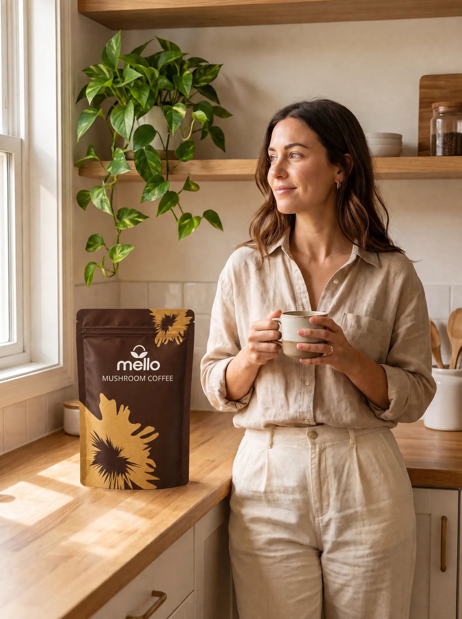 Woman holding an iced Mello mushroom latte beside the Mushroom Coffee pouch