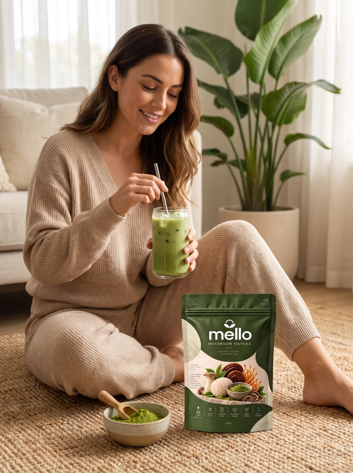 Woman holding an iced Mello mushroom matcha latte beside the Mushroom Matcha pouch