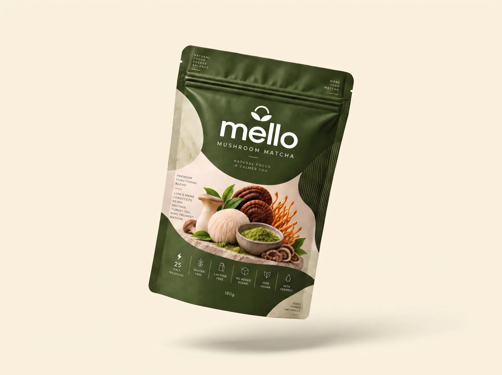 Mello Mushroom Matcha pouch floating above matcha powder and functional mushrooms