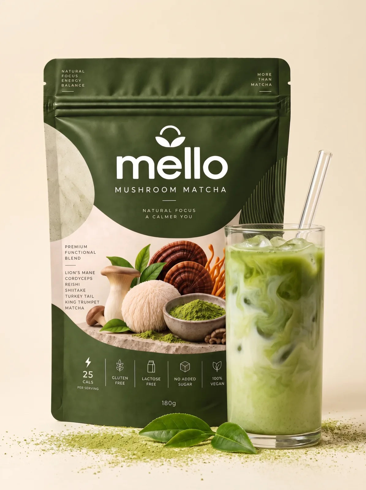 Mello Mushroom Matcha pouch beside an iced matcha latte