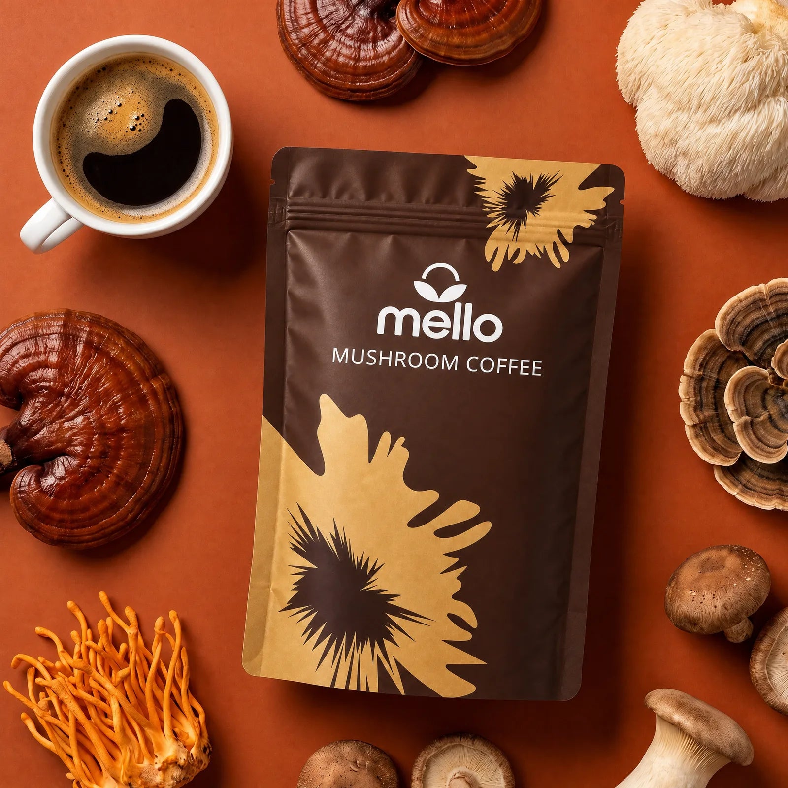 Mello Mushroom Coffee pouch in a flat lay with coffee beans and functional mushrooms