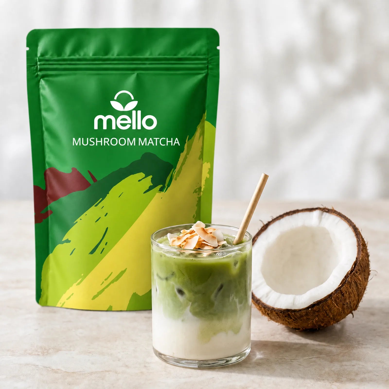 Iced coconut matcha cooler in a tall glass with a Mello Mushroom Matcha pouch