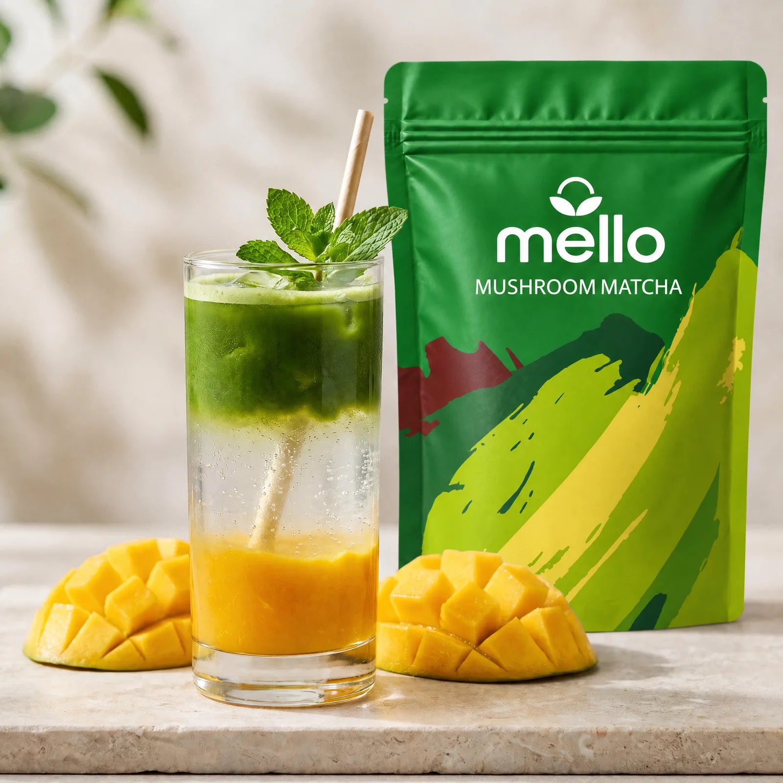 Layered matcha and mango sparkling drink beside a Mello Mushroom Matcha pouch