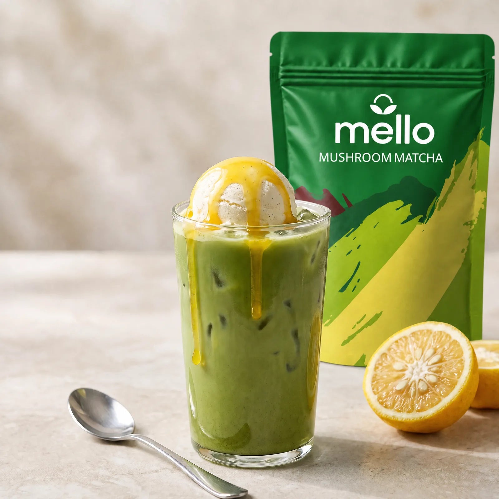Matcha yuzu float topped with cream in a tall glass