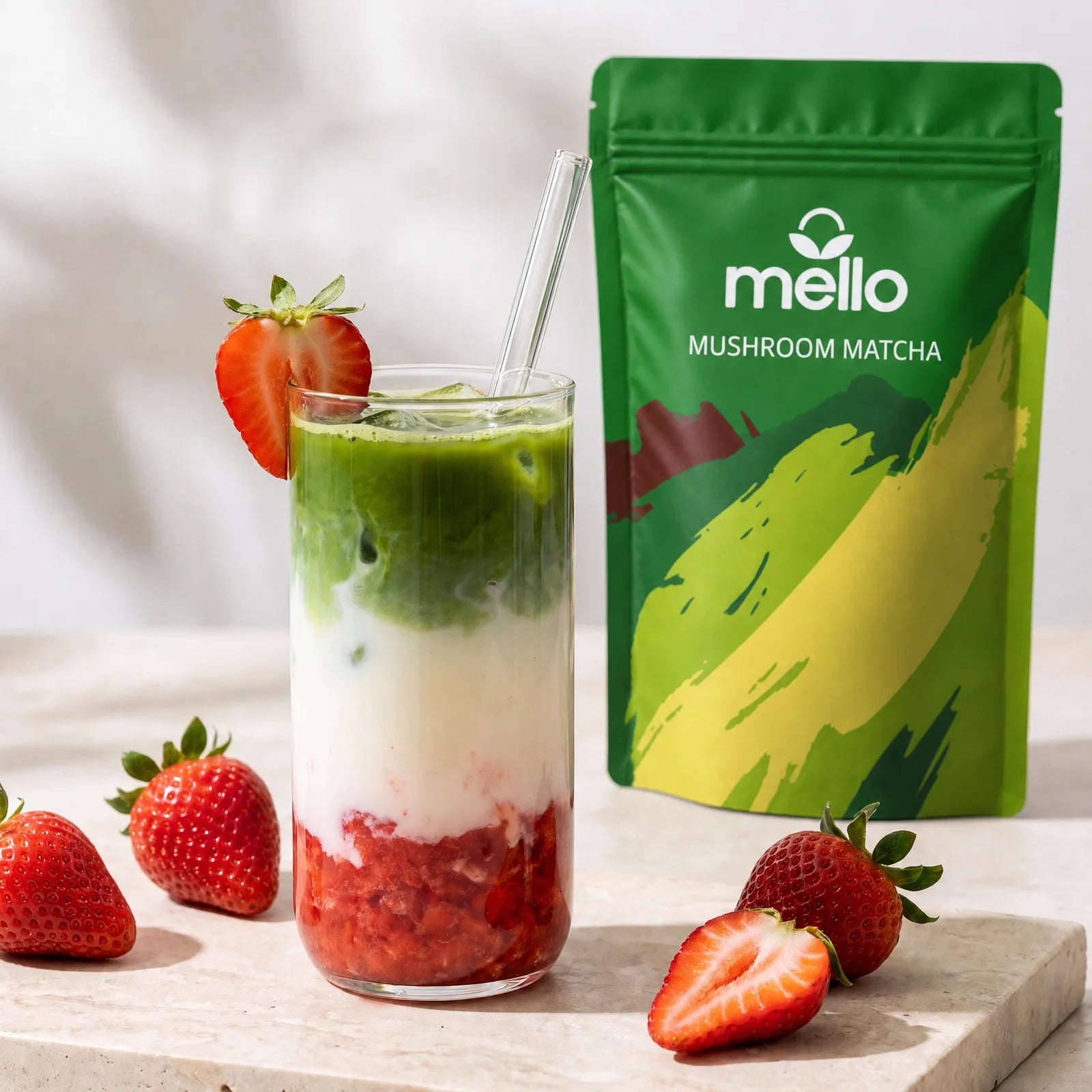 Strawberry matcha latte layered over ice with fresh strawberries