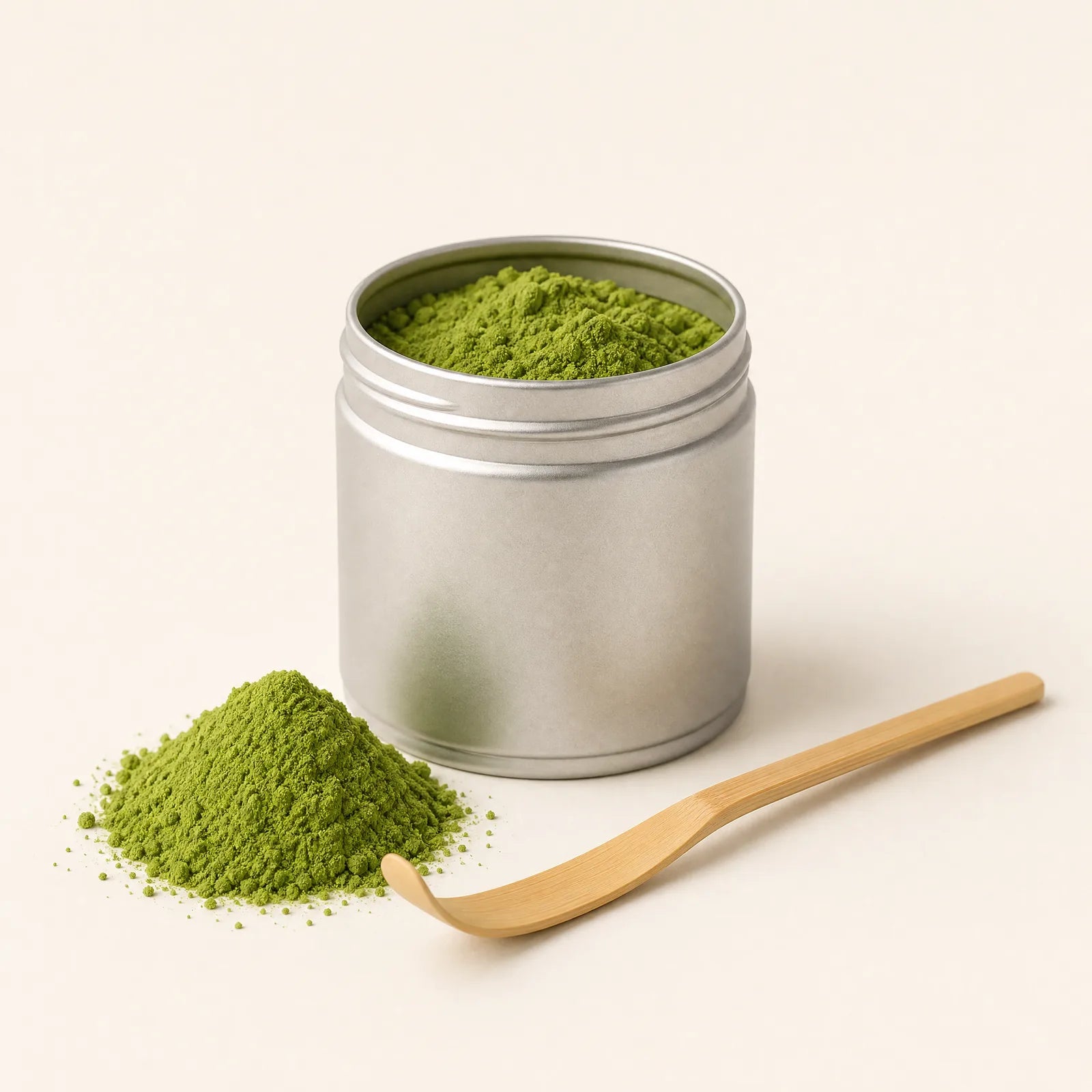 An unbranded tin of matcha powder with a bamboo scoop